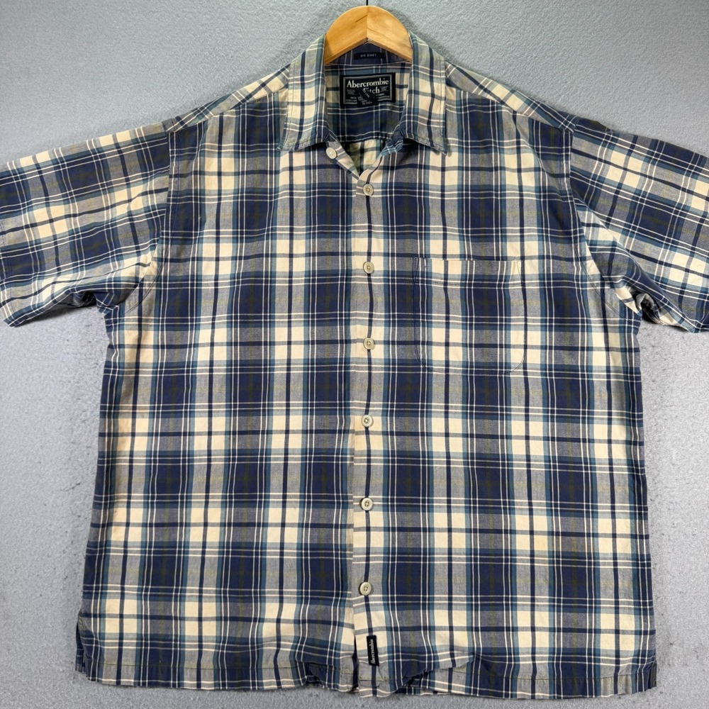 Vintage Abercrombie & Fitch Big Shirt Men Large Blue Plaid‎ Preppy Trendy Y2K